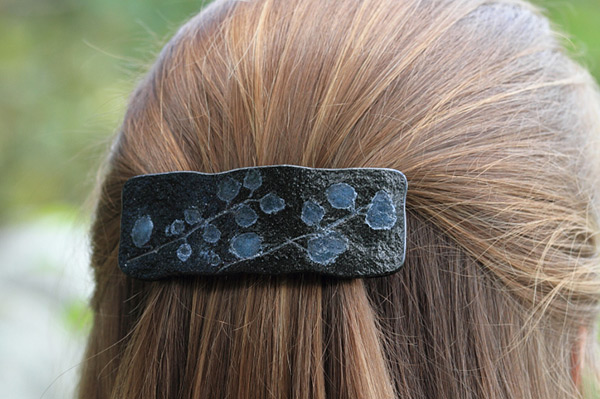 fused glass hair barrette paleo glassic fossil vitra partridge berry leaves