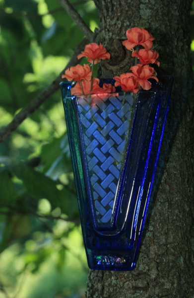 Fused glass flower wall pocket vase sand blasted basket motif