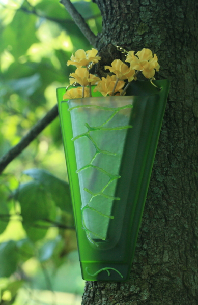 Fused glass flower wall pocket vase sand blasted frosted vine motif