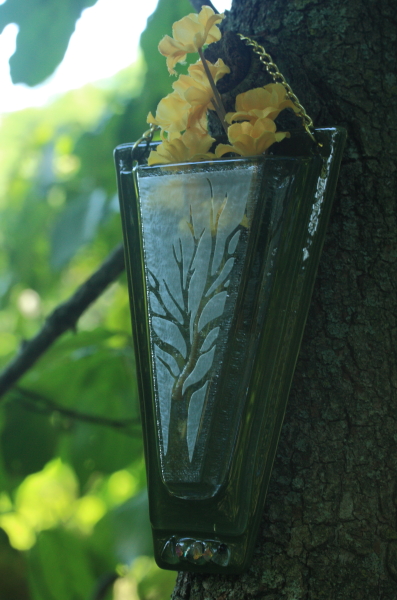 Fused glass flower wall pocket vase sand blasted tree motif