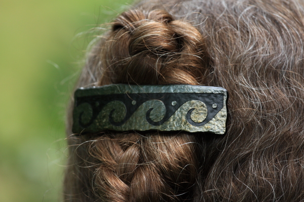 handmade fused glass barrette antiquities sandblasted wave design