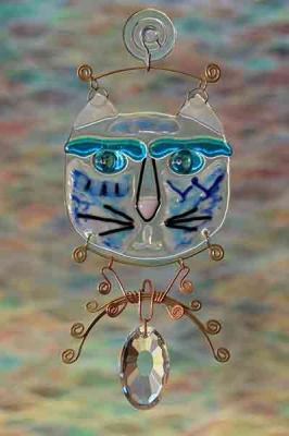 handmade fused glass suncatcher blue gato cat with wire work and crystal