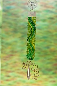 fused glass suncatcher green color rod with crystal and brass wire