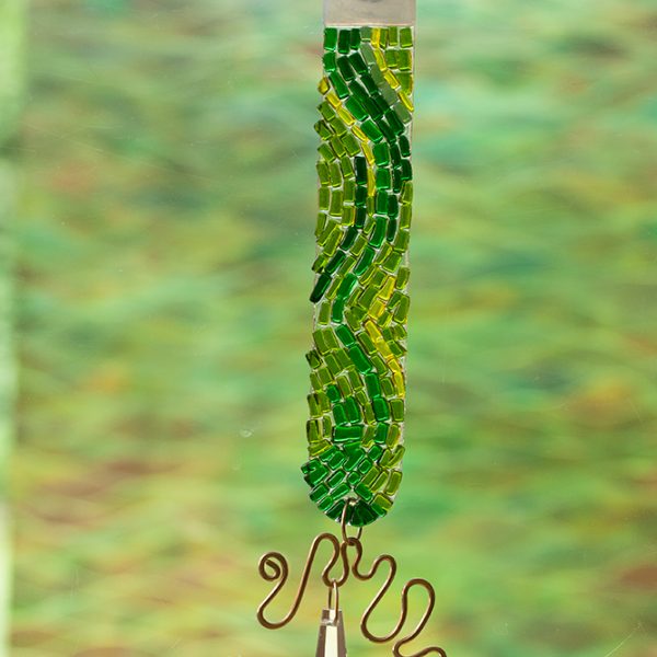 fused glass suncatcher green color rod with crystal and brass wire