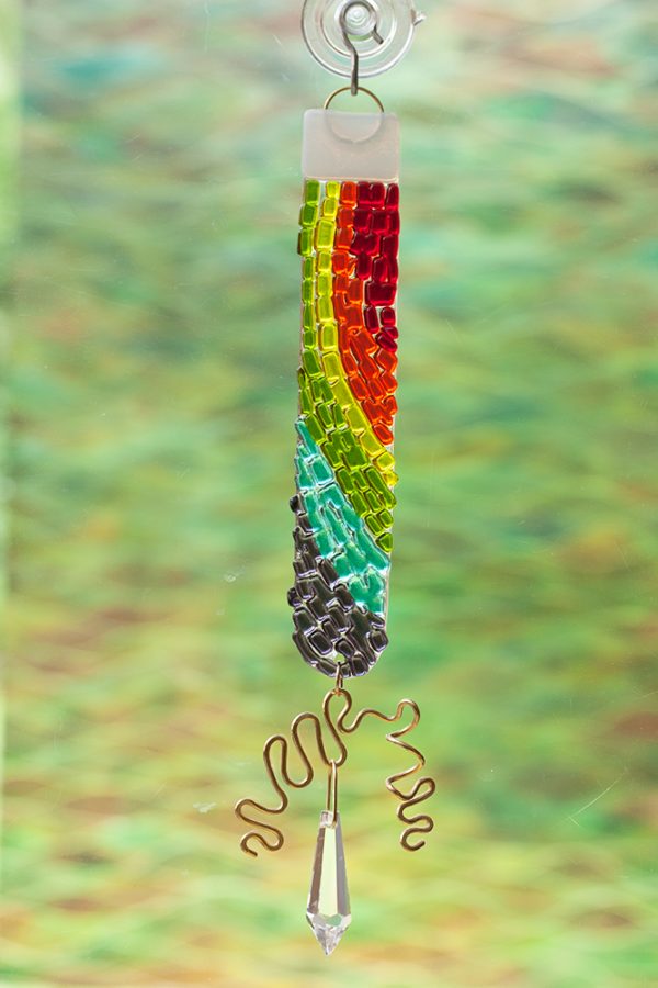 fused glass suncatcher rainbow color rod with crystal and brass wire