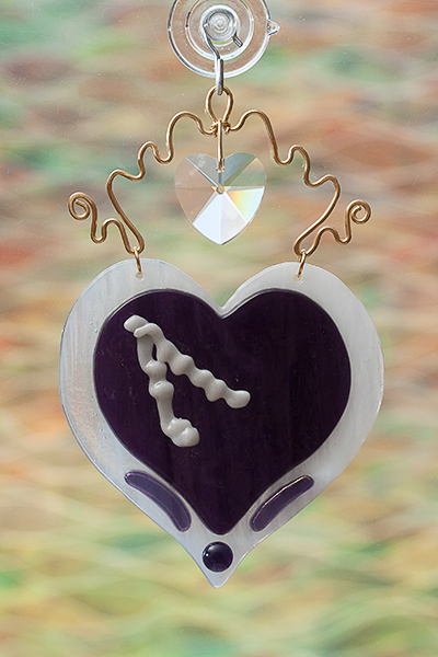 Fused glass suncatcher purple heart with crystal and brass wire