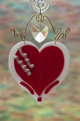 handmade glass suncatcher red heart with crystal brass wire
