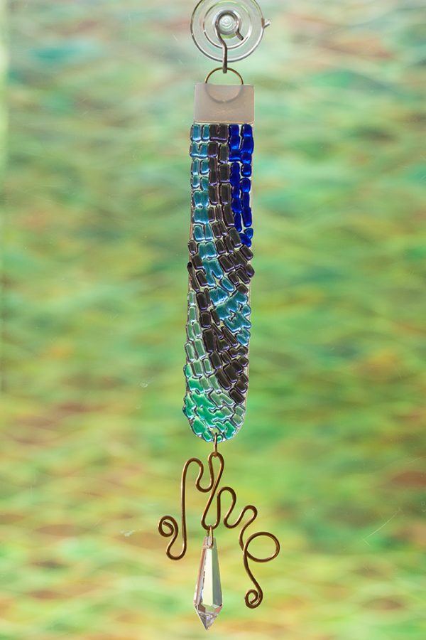 glass suncatcher blue color rod with crystal and brass wire