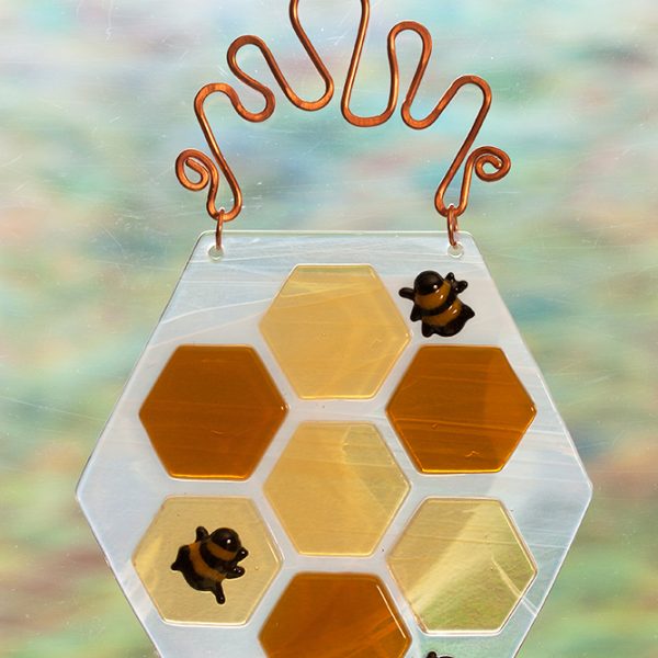 fused glass suncatcher honeycomb bees