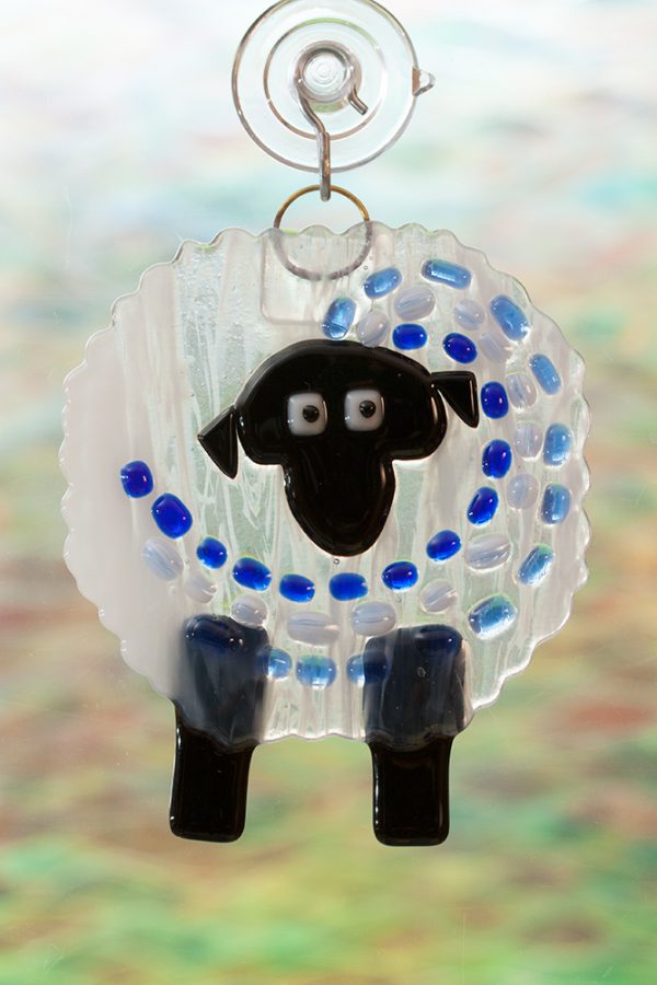 fused glass suncatcher blue streaker sheep