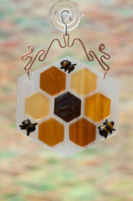 handmade glass honeycomb suncatcher bees copper wire
